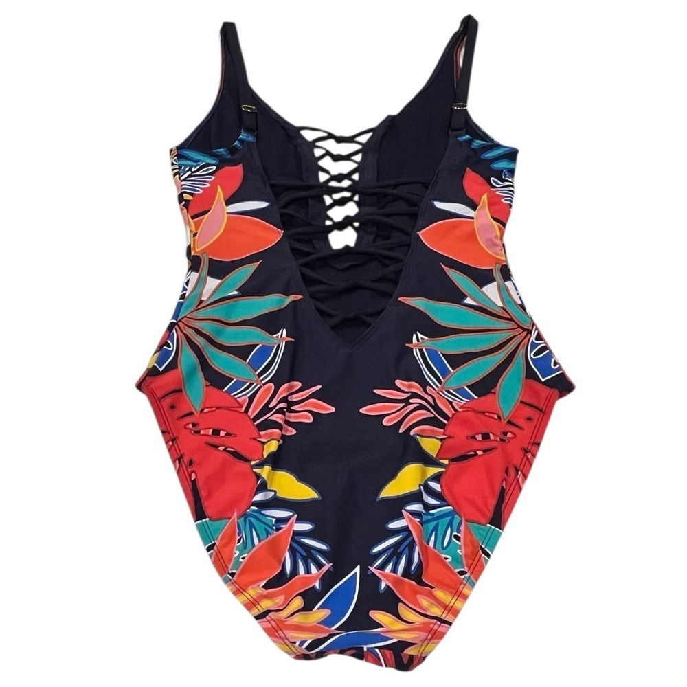 Women’s Bleu By Rod Beattie Navy Tropical Floral Lace Up Plunging Swimsuit — 6 - Picture 4 of 11